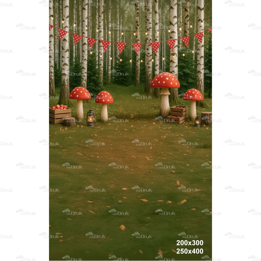 Jesienne tło fotograficzne – brzozowy las z muchomorami i girlandą | J_233